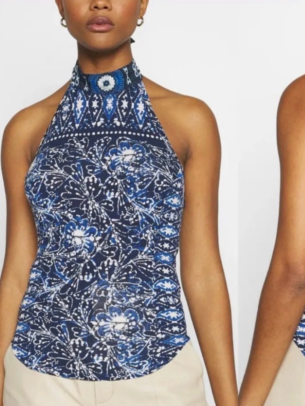 Free People Navy Blue & White Halter Neck Printed Tank